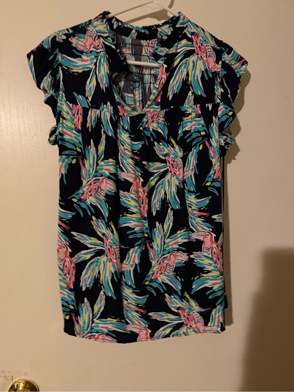 crown & ivy Navy Tropical Flutter Sleeve Blouse with Pink & Teal Accents